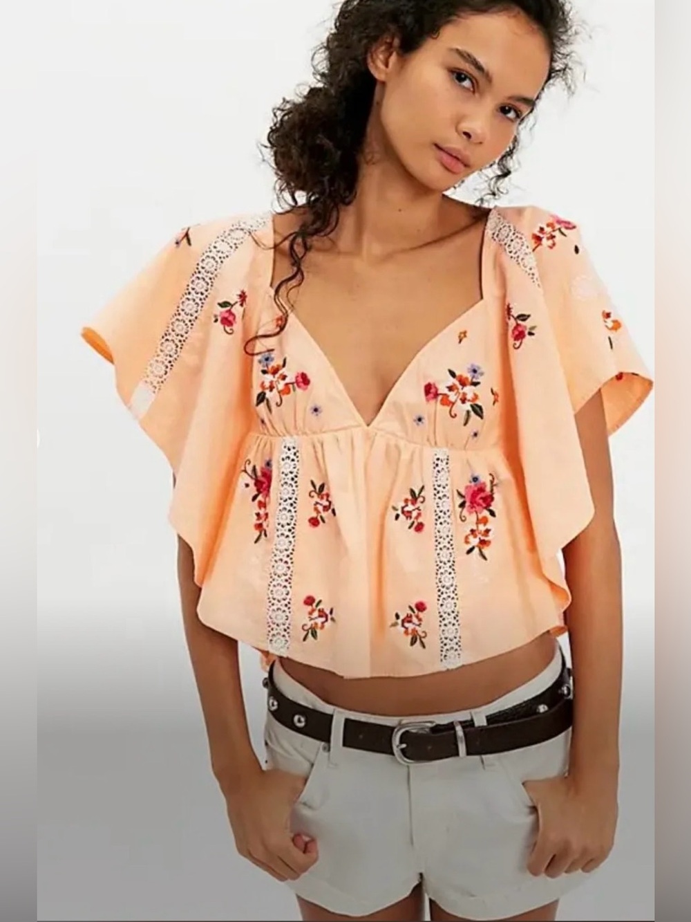 NWT Free People Make Me Yours Blouse in Peach Combo Size L